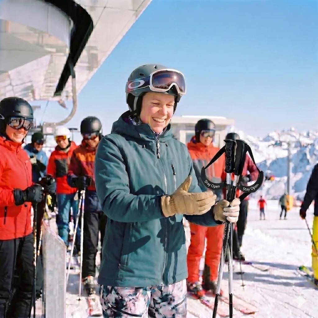 Happy skier with Stay Open