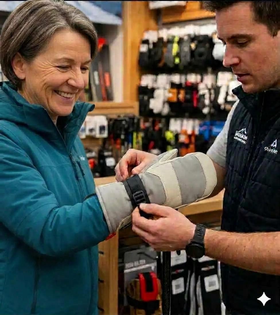 Staff helping customer with ski pole wrist strap